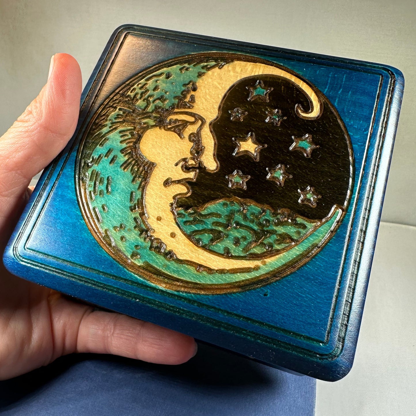 Midnight Blue Crescent Moon Keepsake Box - Handmade Wooden Box