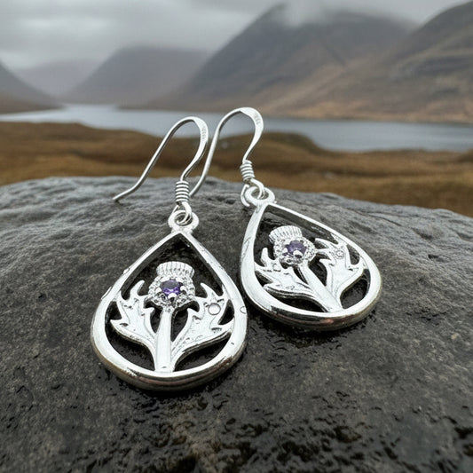 Teardrop Scottish Thistle Amethyst Earrings — Perfect Gift