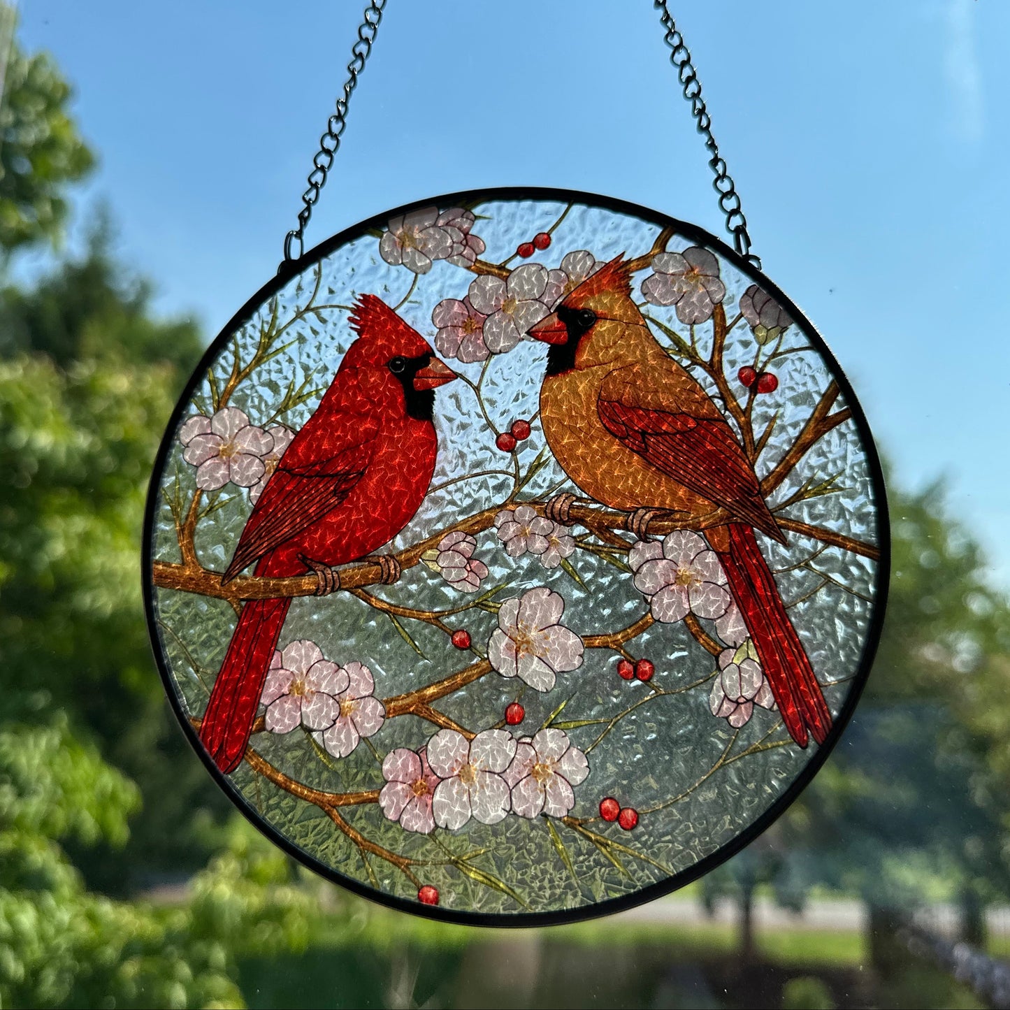 Cherry Blossom Cardinal Couple Suncatcher