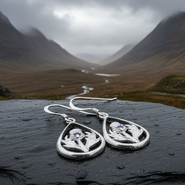 Teardrop Scottish Thistle Amethyst Earrings - Perfect Gift — view 10