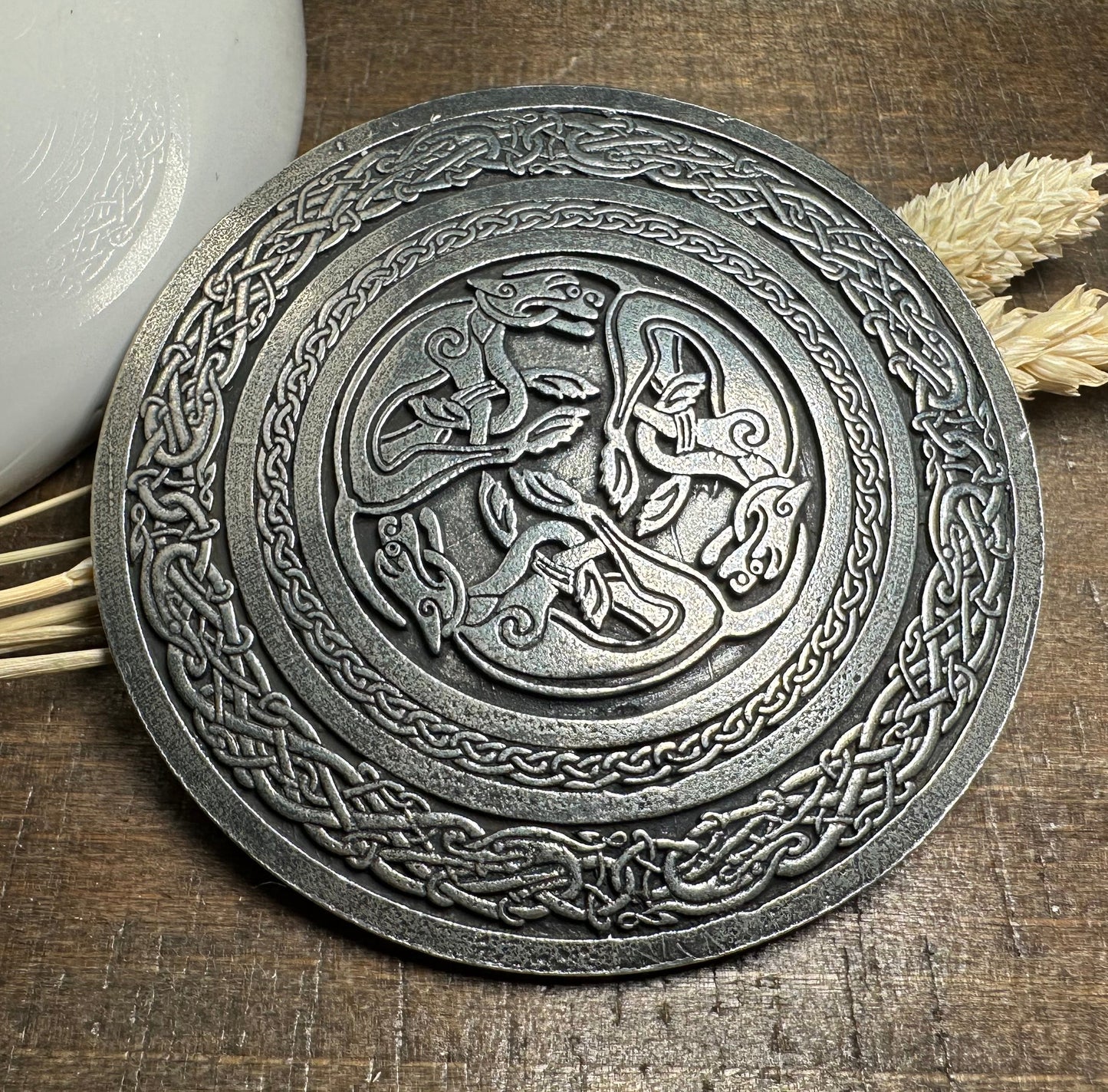 Round Celtic Hounds Kilt Belt Buckle - Handmade in Scotland
