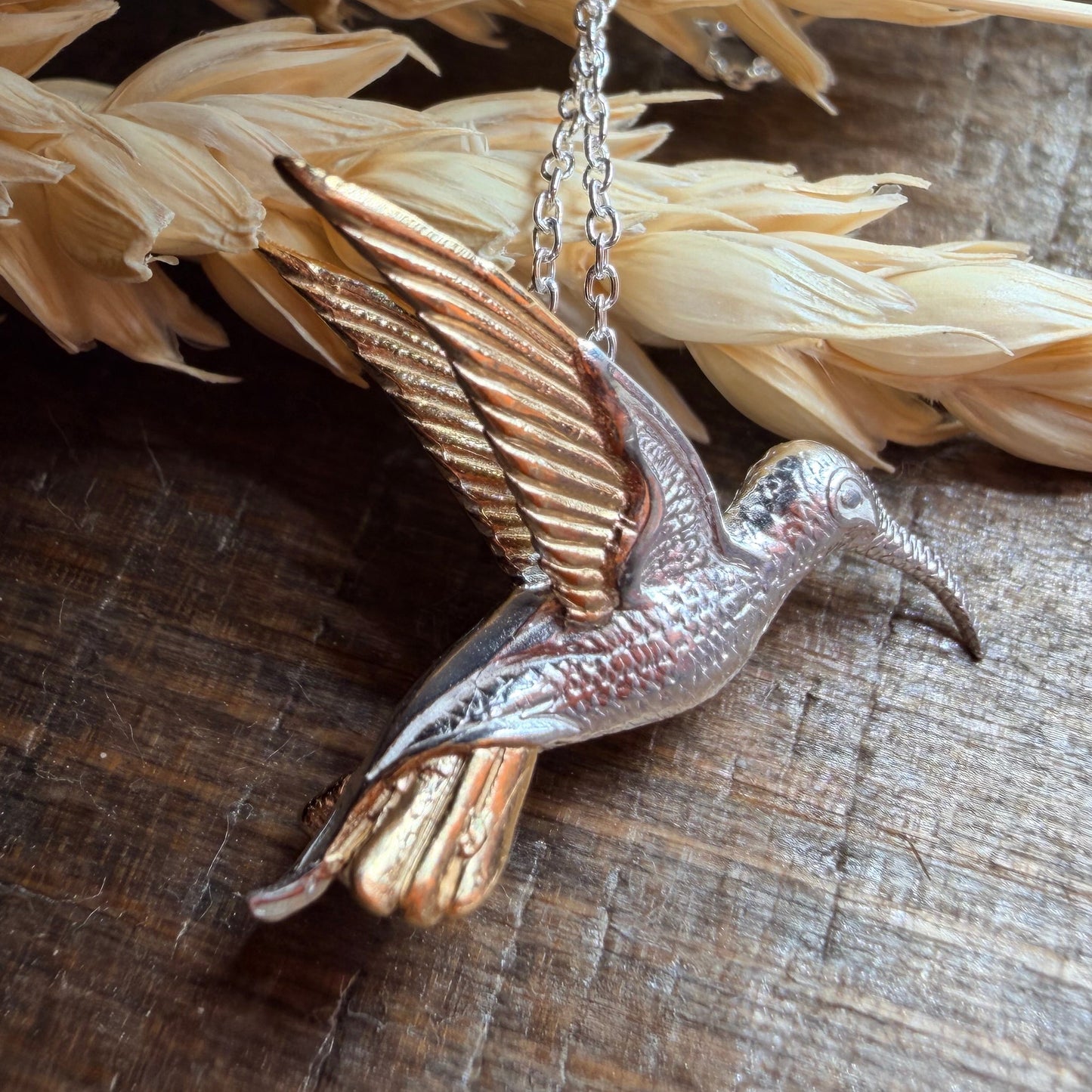 Golden Wing Hummingbird Necklace in Sterling Silver