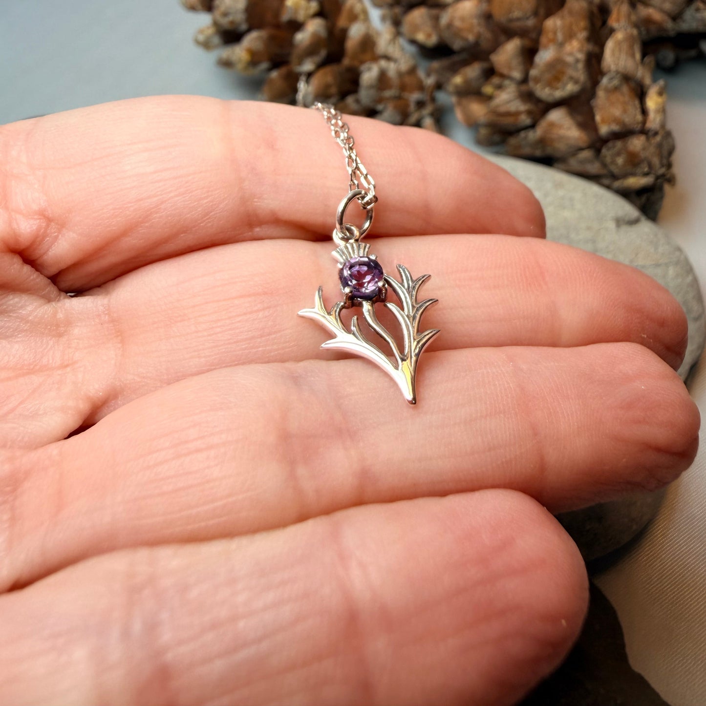 Petite Jacobite Scottish Thistle Amethyst Necklace in Sterling Silver
