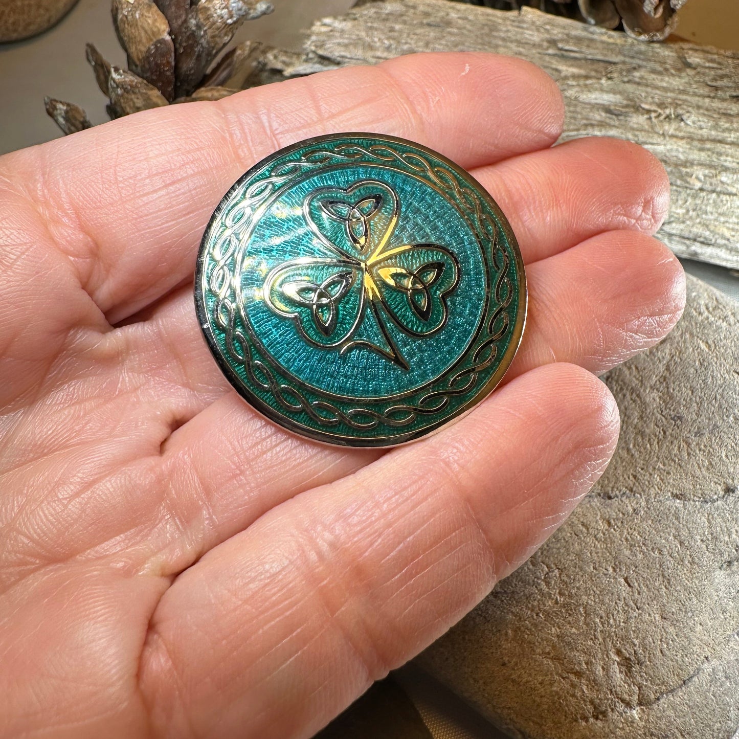 Enamel Celtic Shamrock Brooch with Trinity Knots — view 4