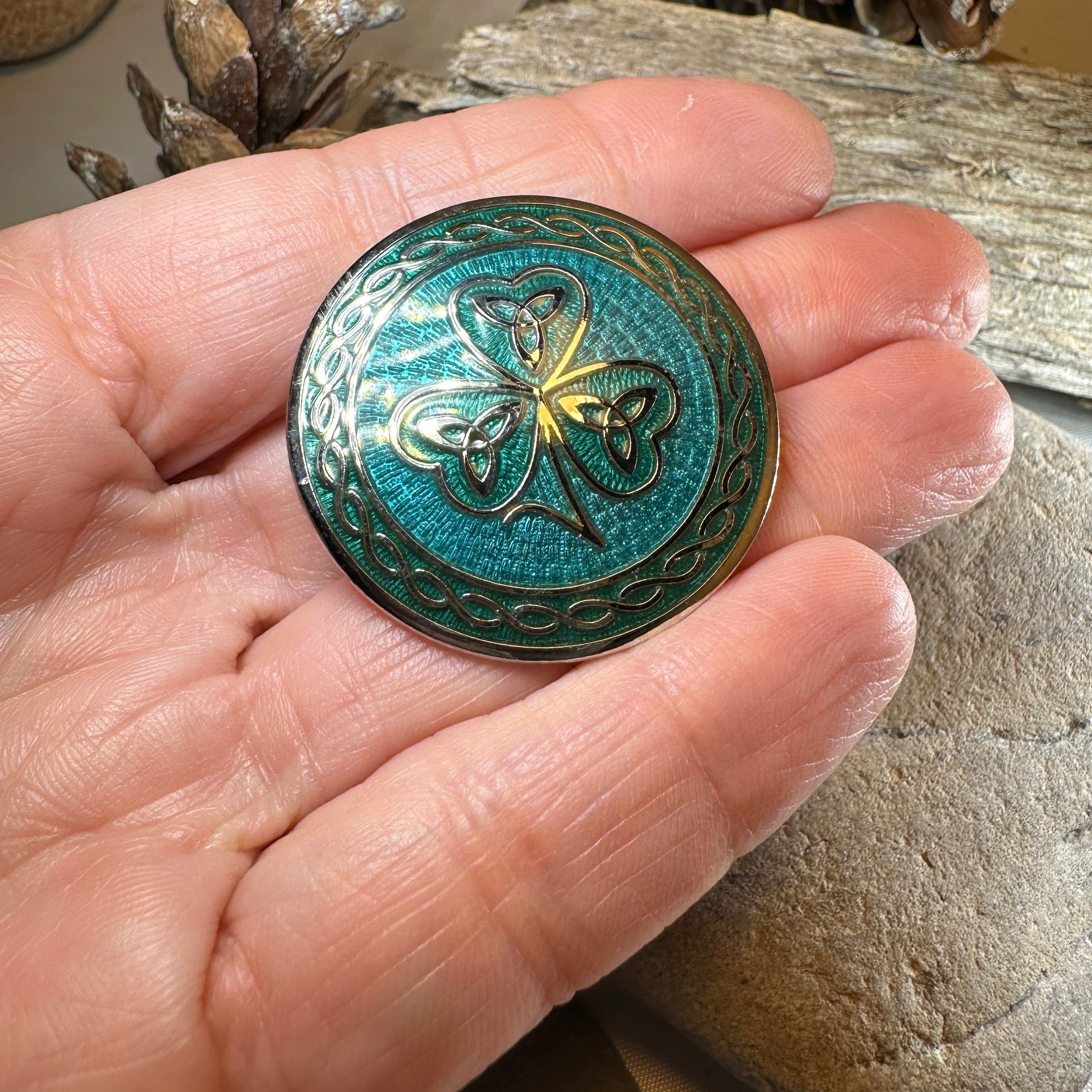 Enamel Celtic Shamrock Brooch with Trinity Knots — view 4
