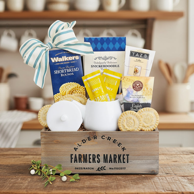 Garden Tea Tray & Shortbread Cookie Gift Basket with Teapot