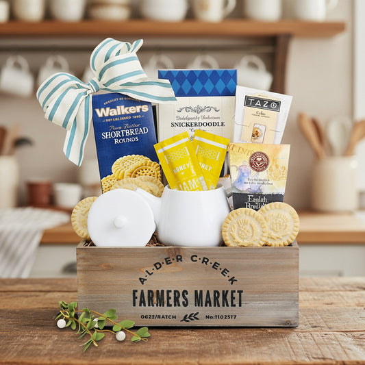 Garden Tea Tray & Shortbread Cookie Gift Basket with Teapot