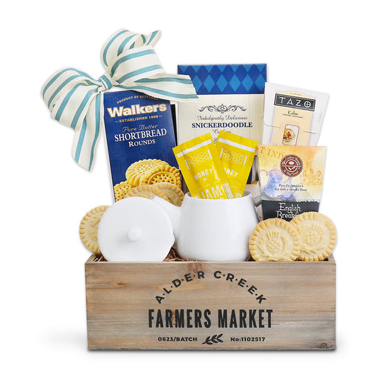 Garden Tea Tray & Shortbread Cookie Gift Basket with Teapot