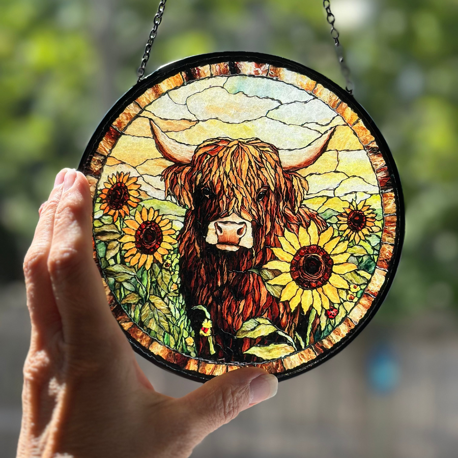 Sunflower Highland Cow Suncatcher