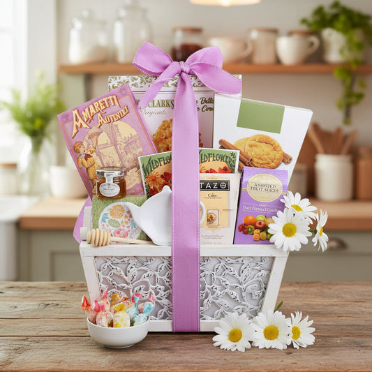 Garden of Indulgence Gourmet Gift Basket with Tea Caddy