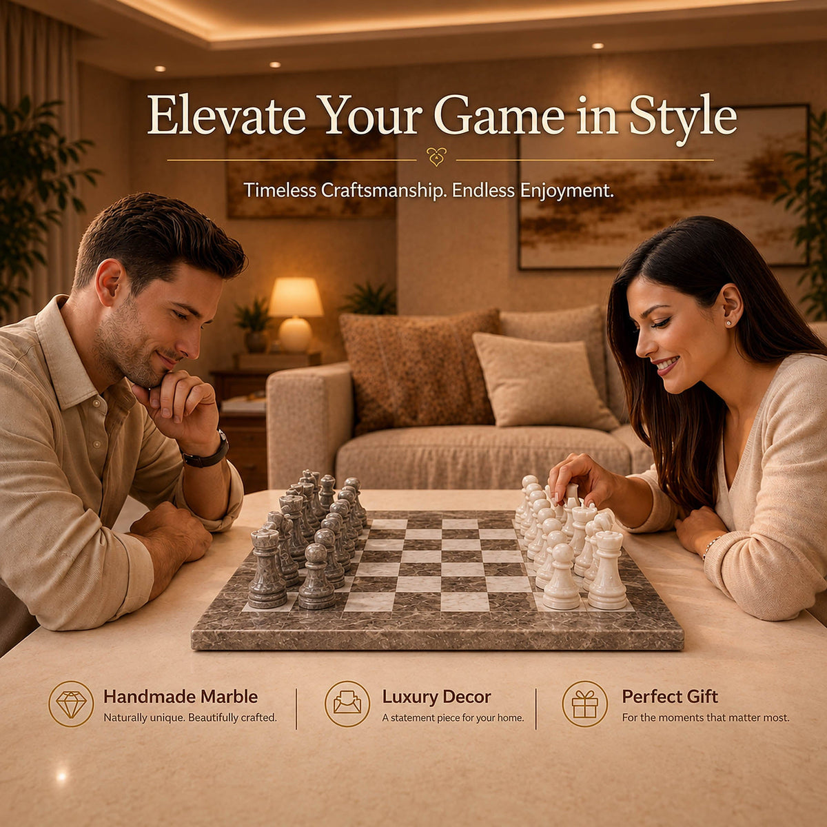Traditional Grey Oceanic and White Marble Chess Set - 15 Inch Handcrafted Natural Stone