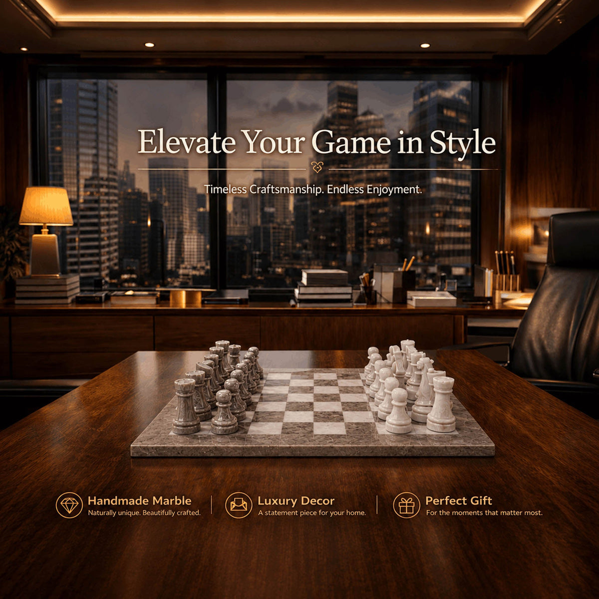 Traditional Grey Oceanic and White Marble Chess Set - 15 Inch Handcrafted Natural Stone