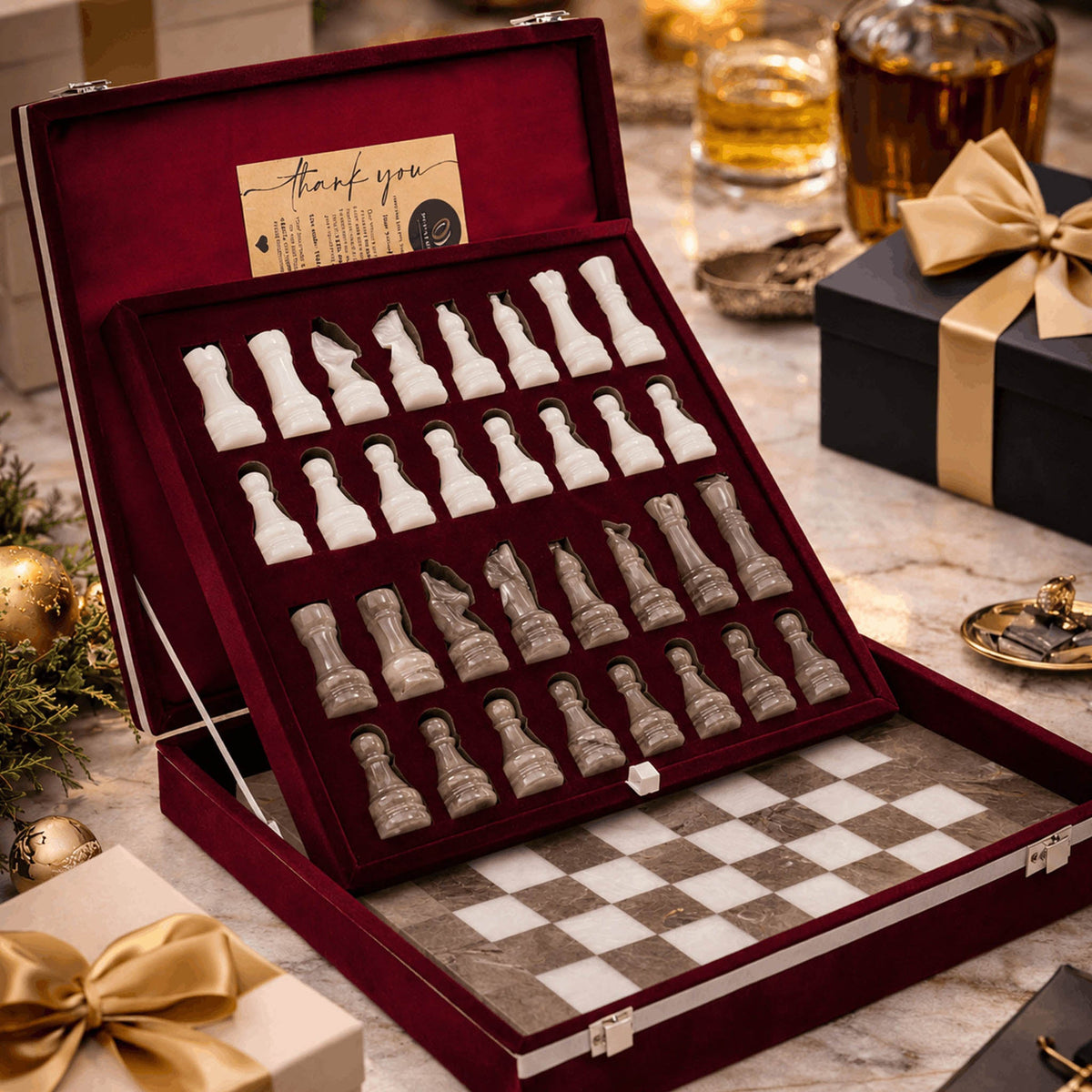 Traditional Grey Oceanic and White Marble Chess Set - 15 Inch Handcrafted Natural Stone