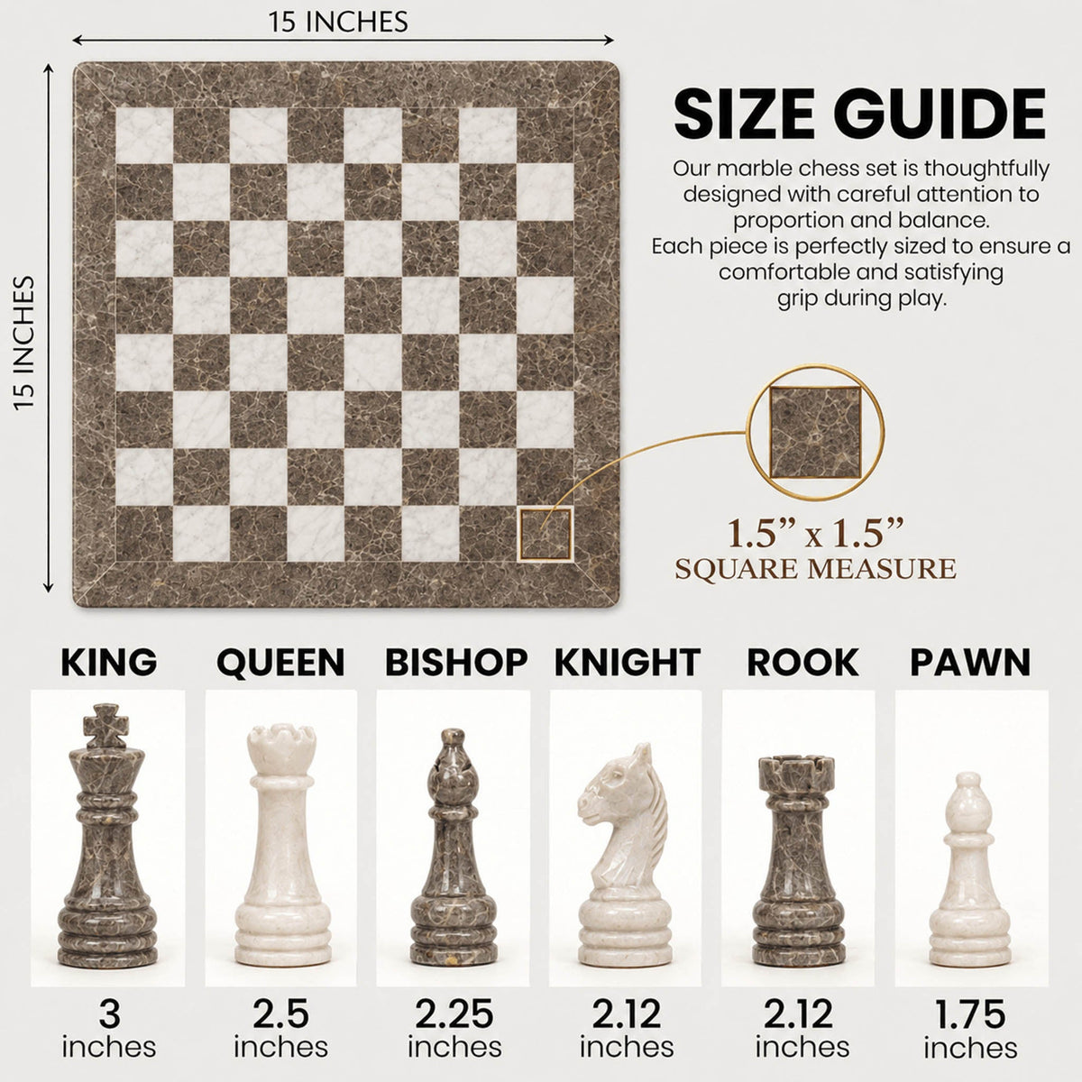 Traditional Grey Oceanic and White Marble Chess Set - 15 Inch Handcrafted Natural Stone