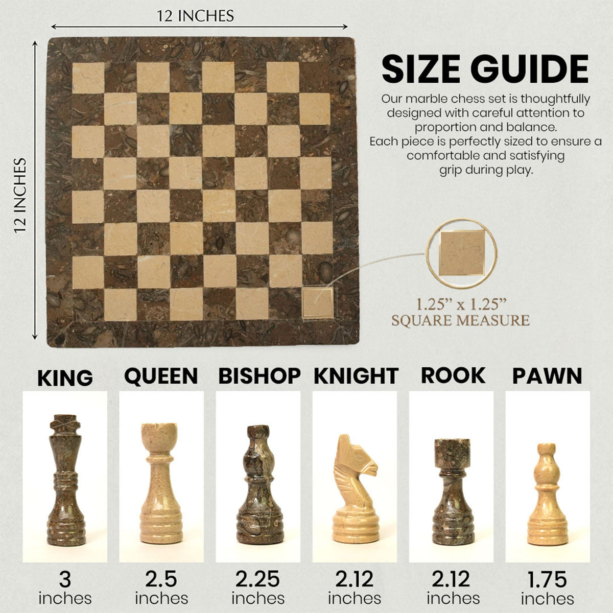 Luxury Grey and Verona Marble Chess Set 12 Inches - Premium Quality