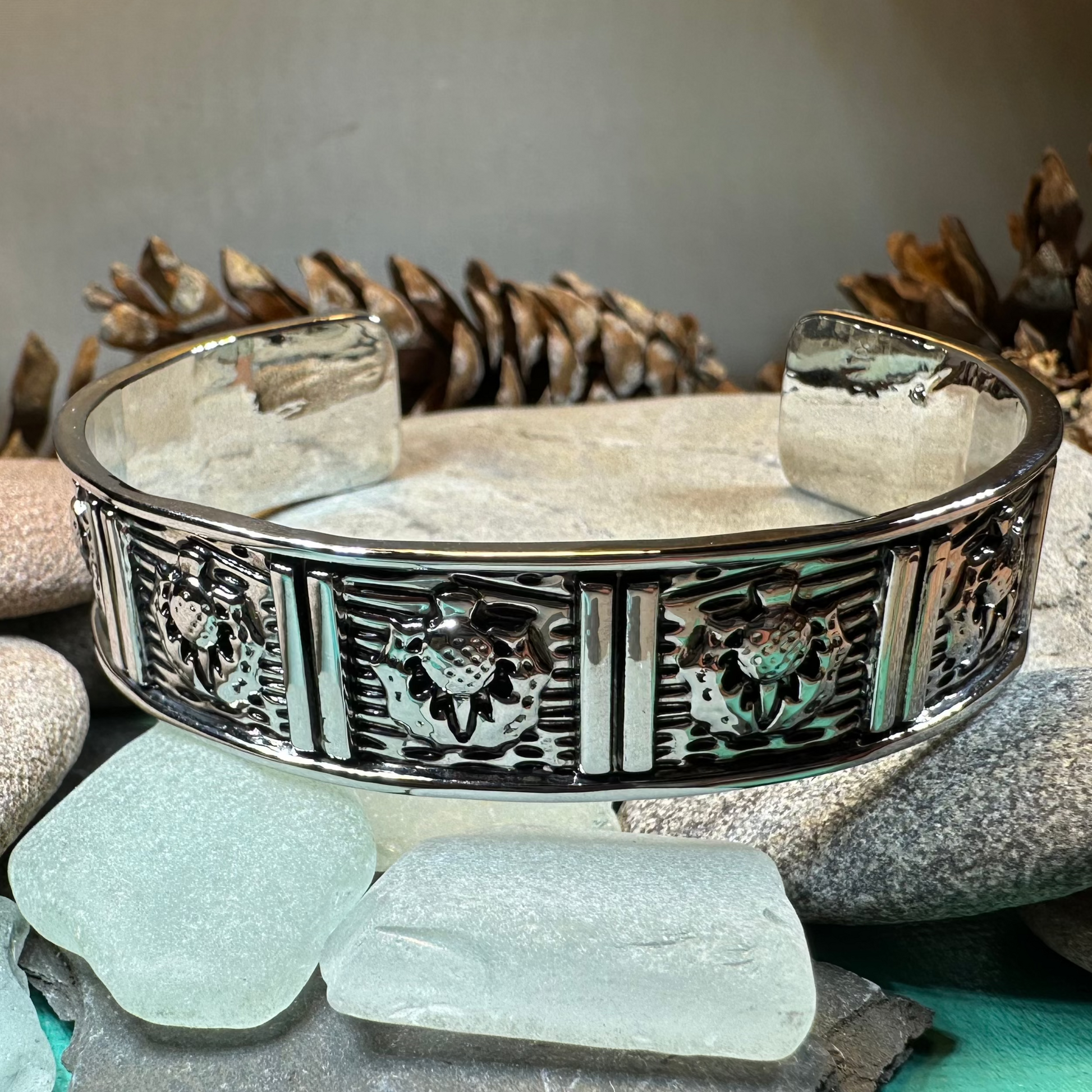Alba Scottish Thistle Cuff Bracelet in Pewter — view 2