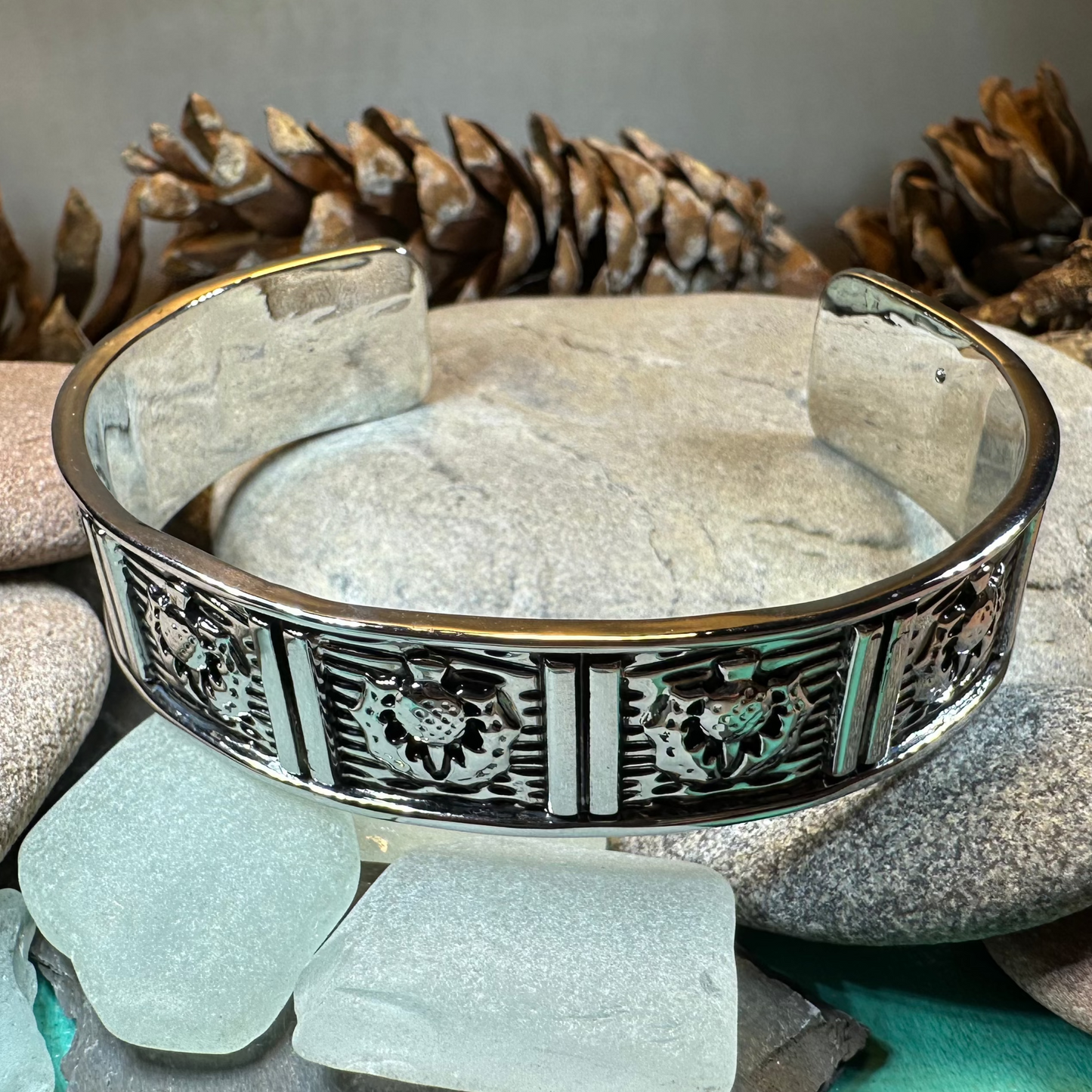 Alba Scottish Thistle Cuff Bracelet in Pewter — view 5