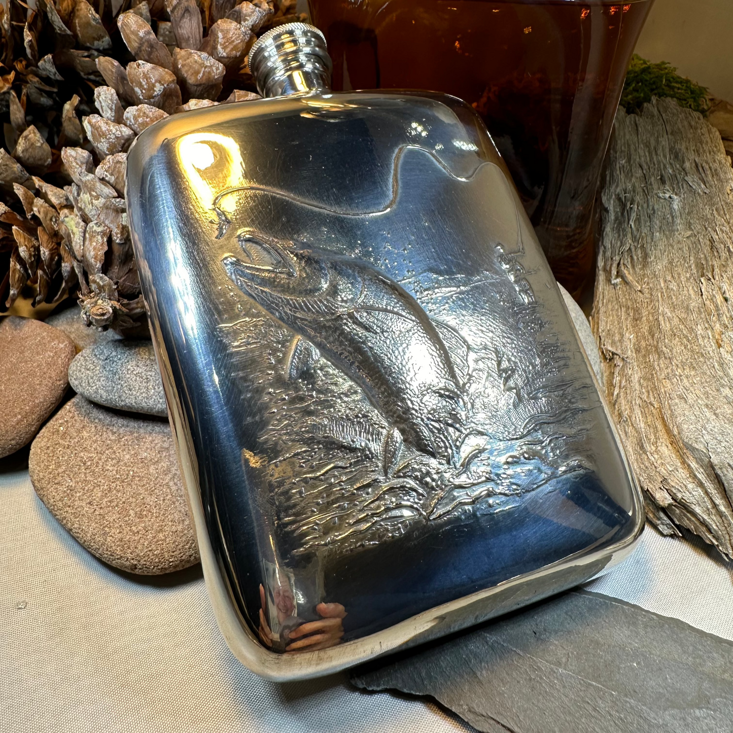 Fishing Pewter Hip Flask - Handmade in England