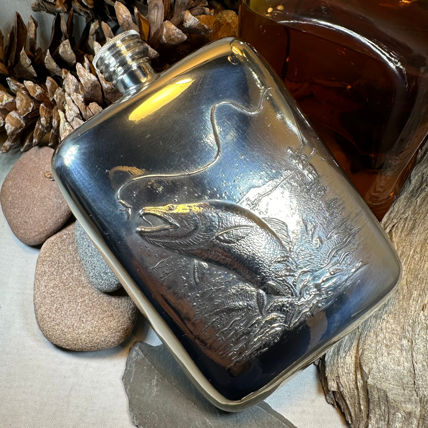 Fishing Pewter Hip Flask - Handmade in England