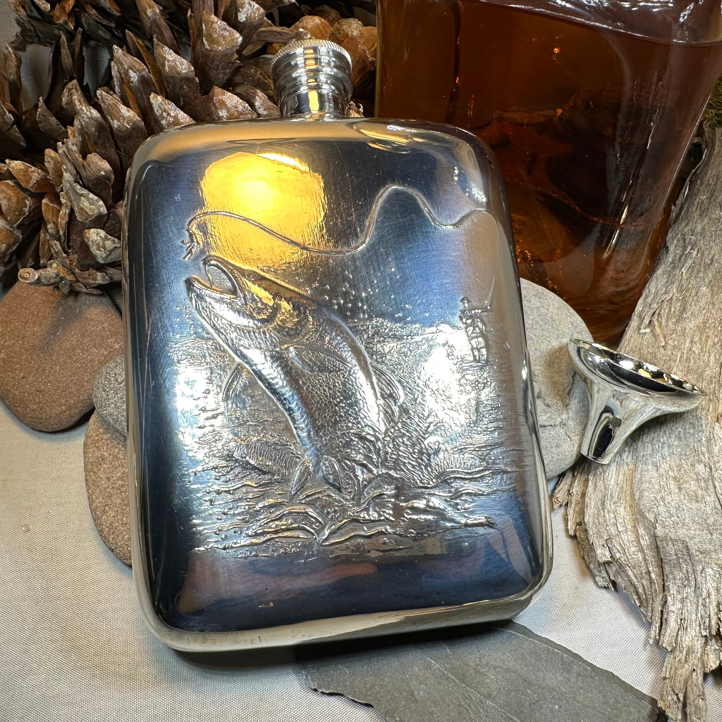 Fishing Pewter Hip Flask - Handmade in England