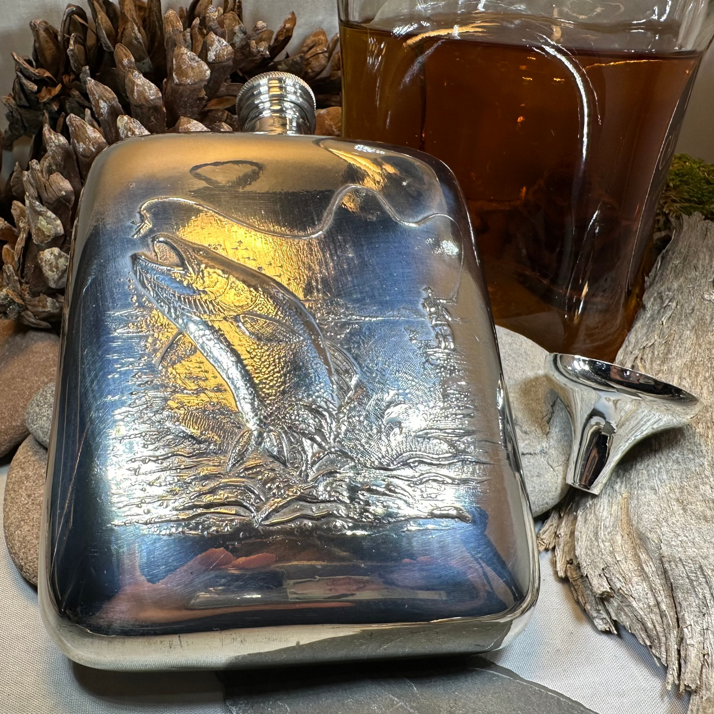 Fishing Pewter Hip Flask - Handmade in England