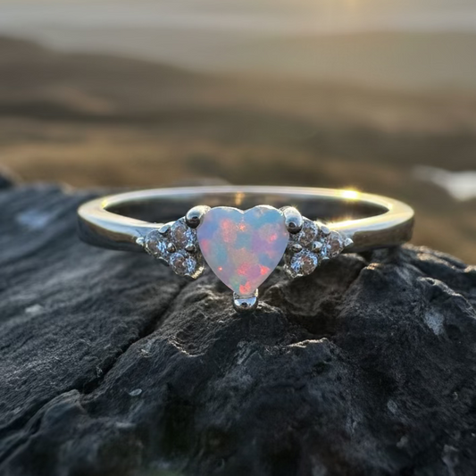 Petite Opal Heart Ring in Sterling Silver
