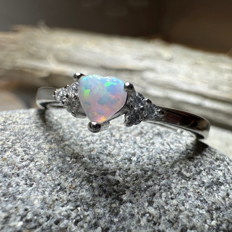 Petite Opal Heart Ring in Sterling Silver