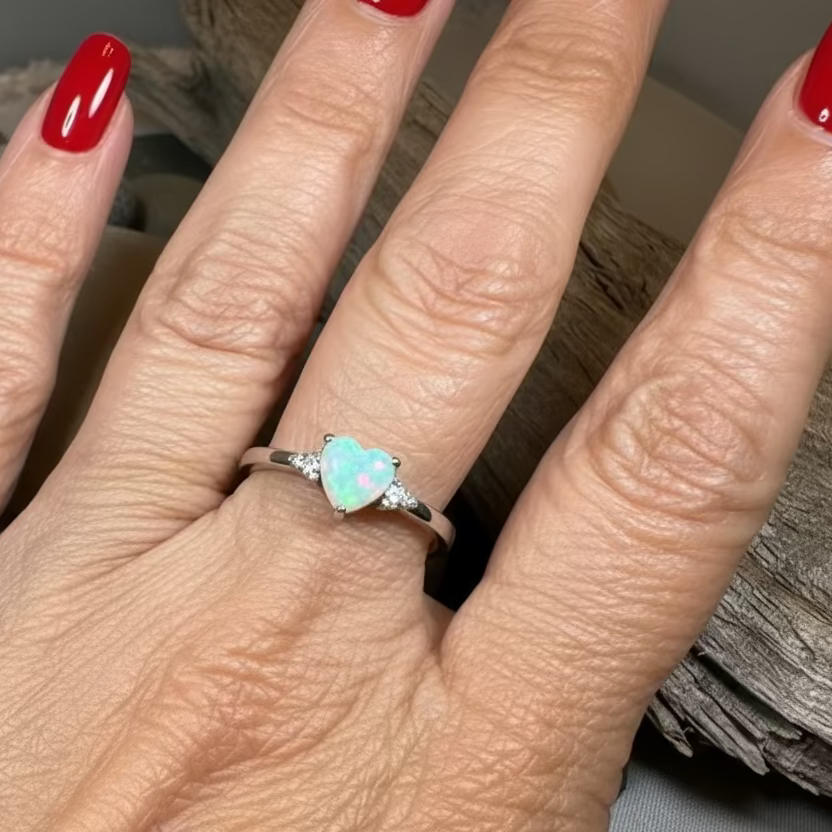Petite Opal Heart Ring in Sterling Silver — view 6
