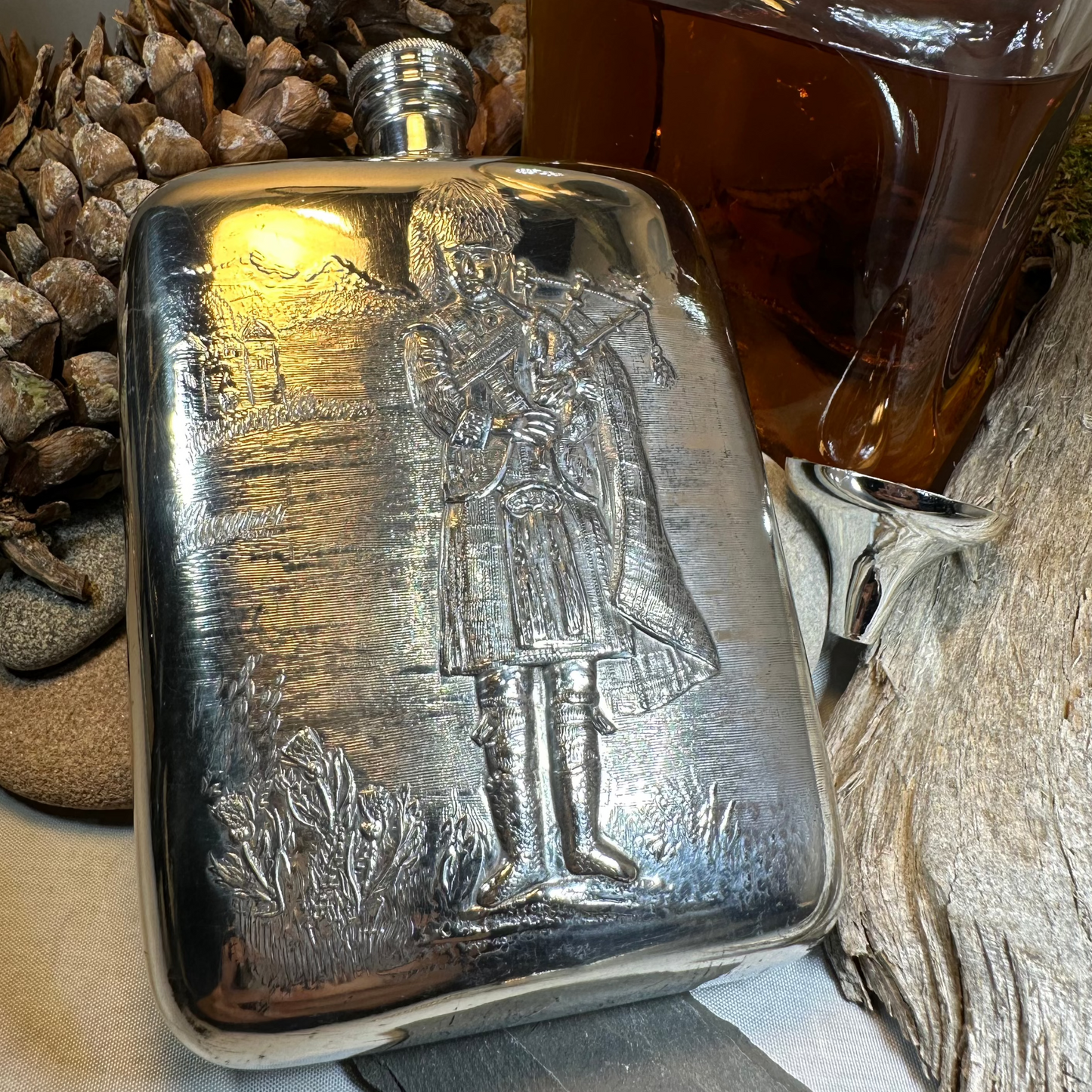 Bagpiper Pewter Hip Flask - Handmade in England