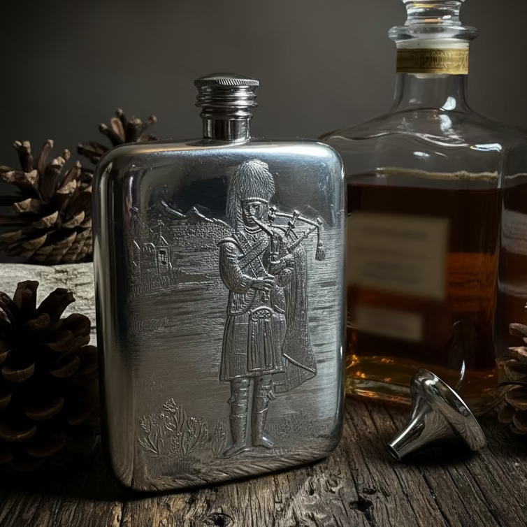 Bagpiper Pewter Hip Flask - Handmade in England