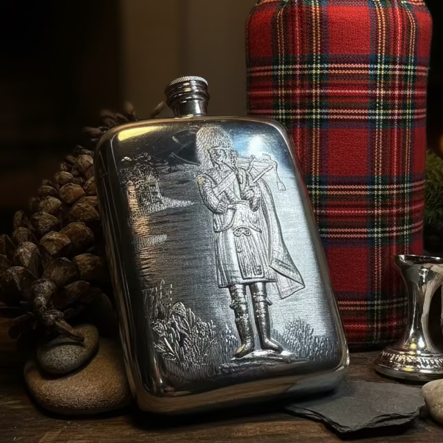 Bagpiper Pewter Hip Flask - Handmade in England