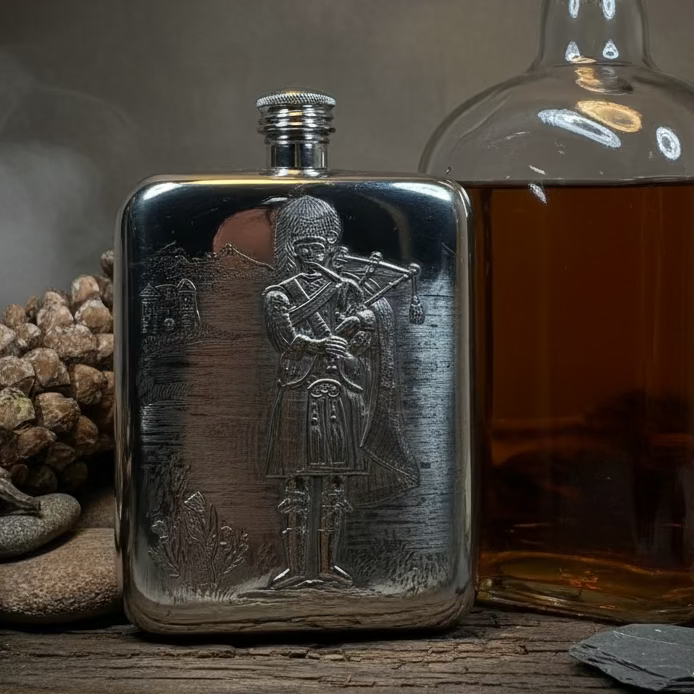 Bagpiper Pewter Hip Flask - Handmade in England