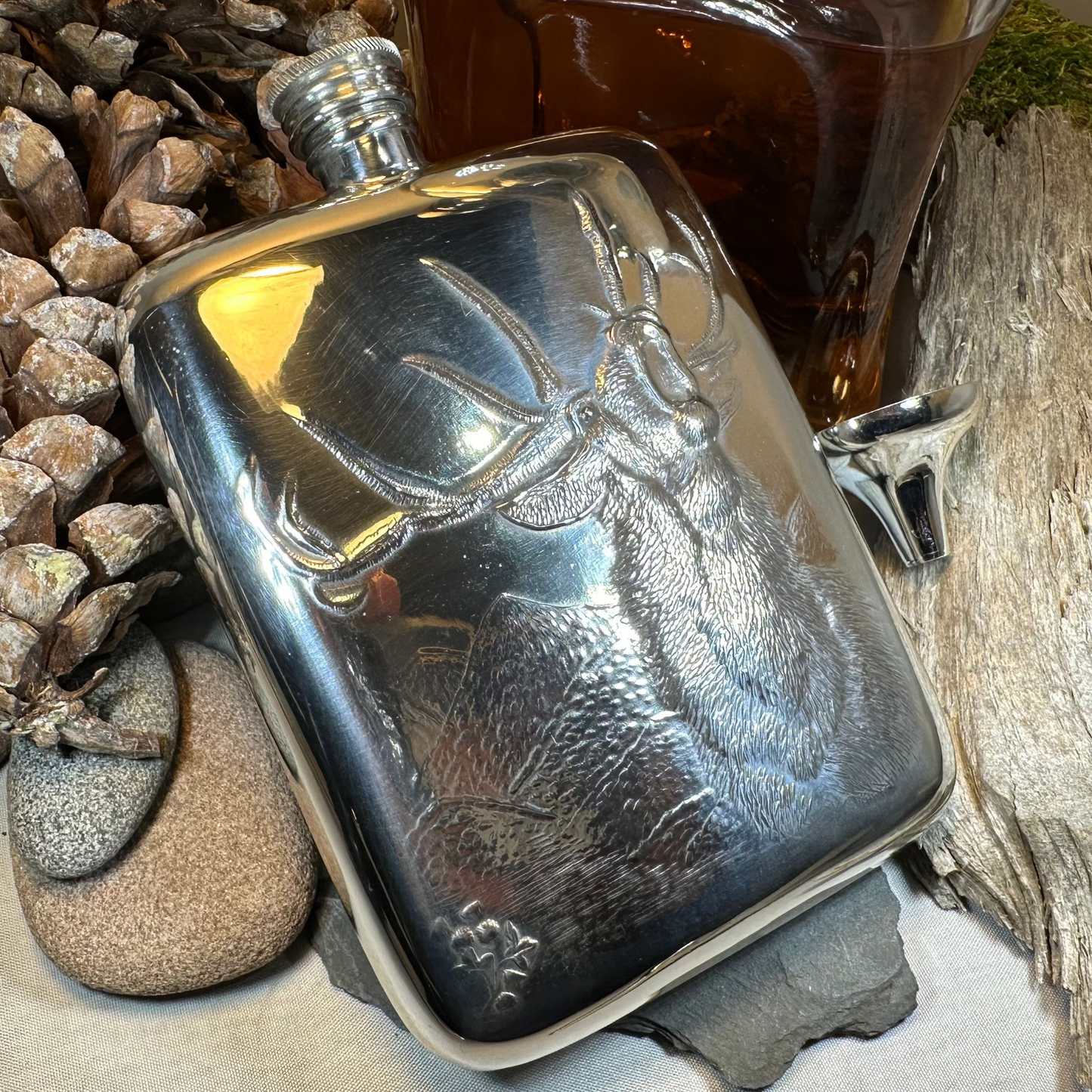 Roaring Stag Pewter Hip Flask - Handmade in England