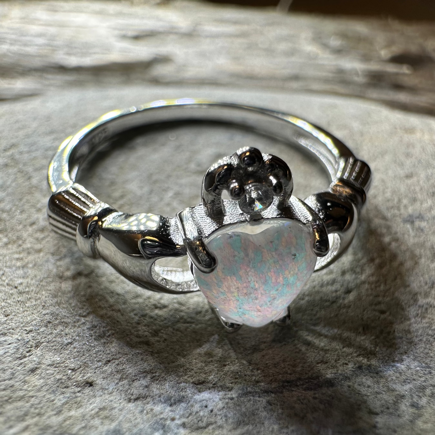 White Fire Opal Irish Claddagh Ring in Sterling Silver