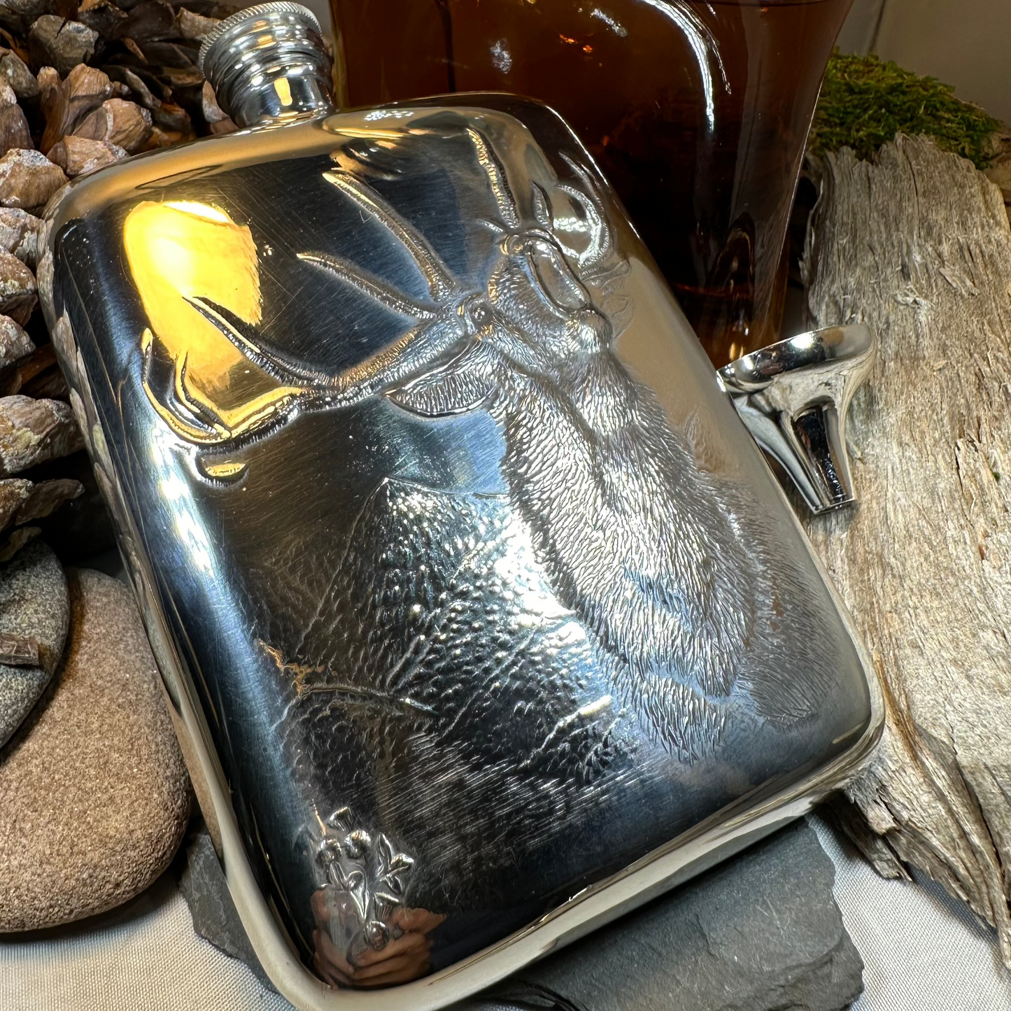 Roaring Stag Pewter Hip Flask - Handmade in England