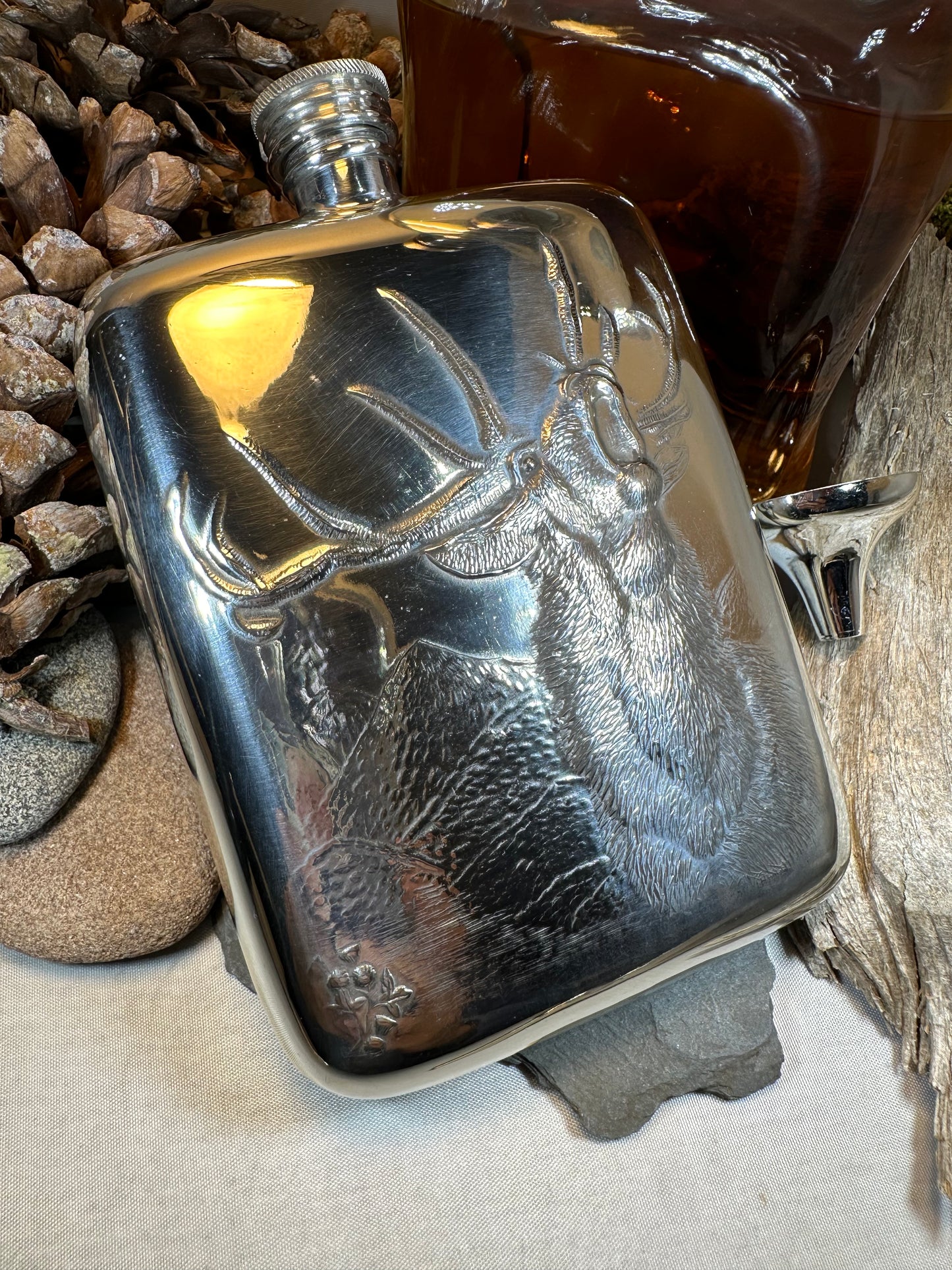 Roaring Stag Pewter Hip Flask - Handmade in England