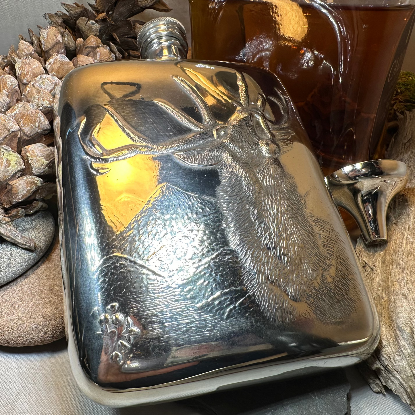 Roaring Stag Pewter Hip Flask - Handmade in England