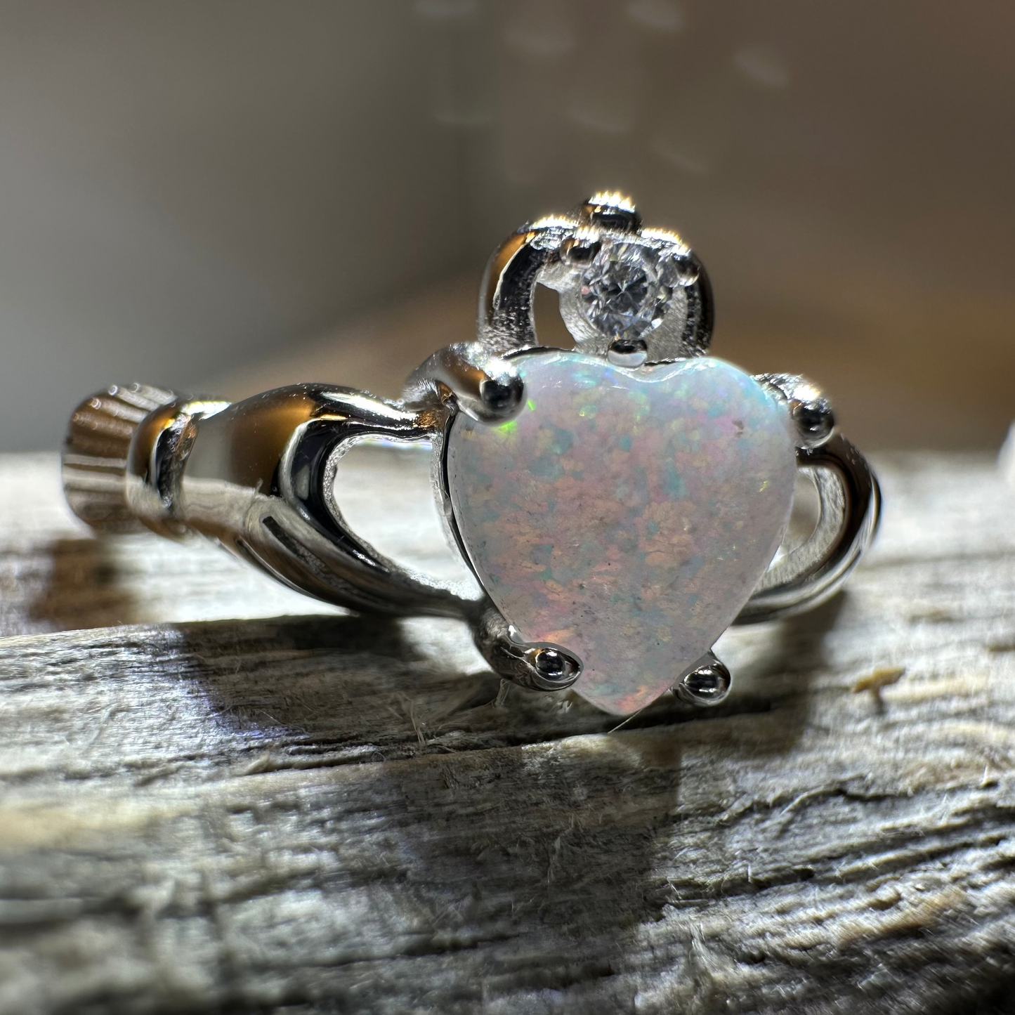 White Fire Opal Irish Claddagh Ring in Sterling Silver