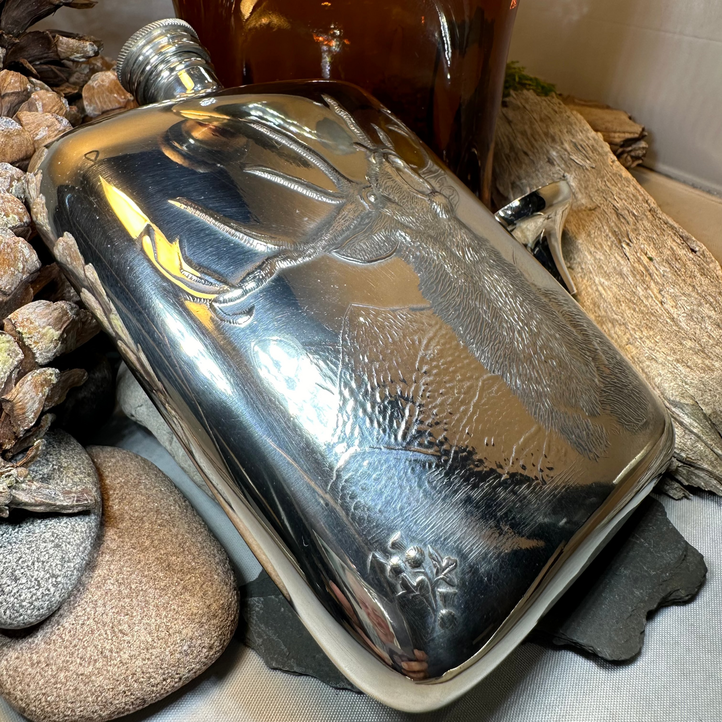 Roaring Stag Pewter Hip Flask - Handmade in England