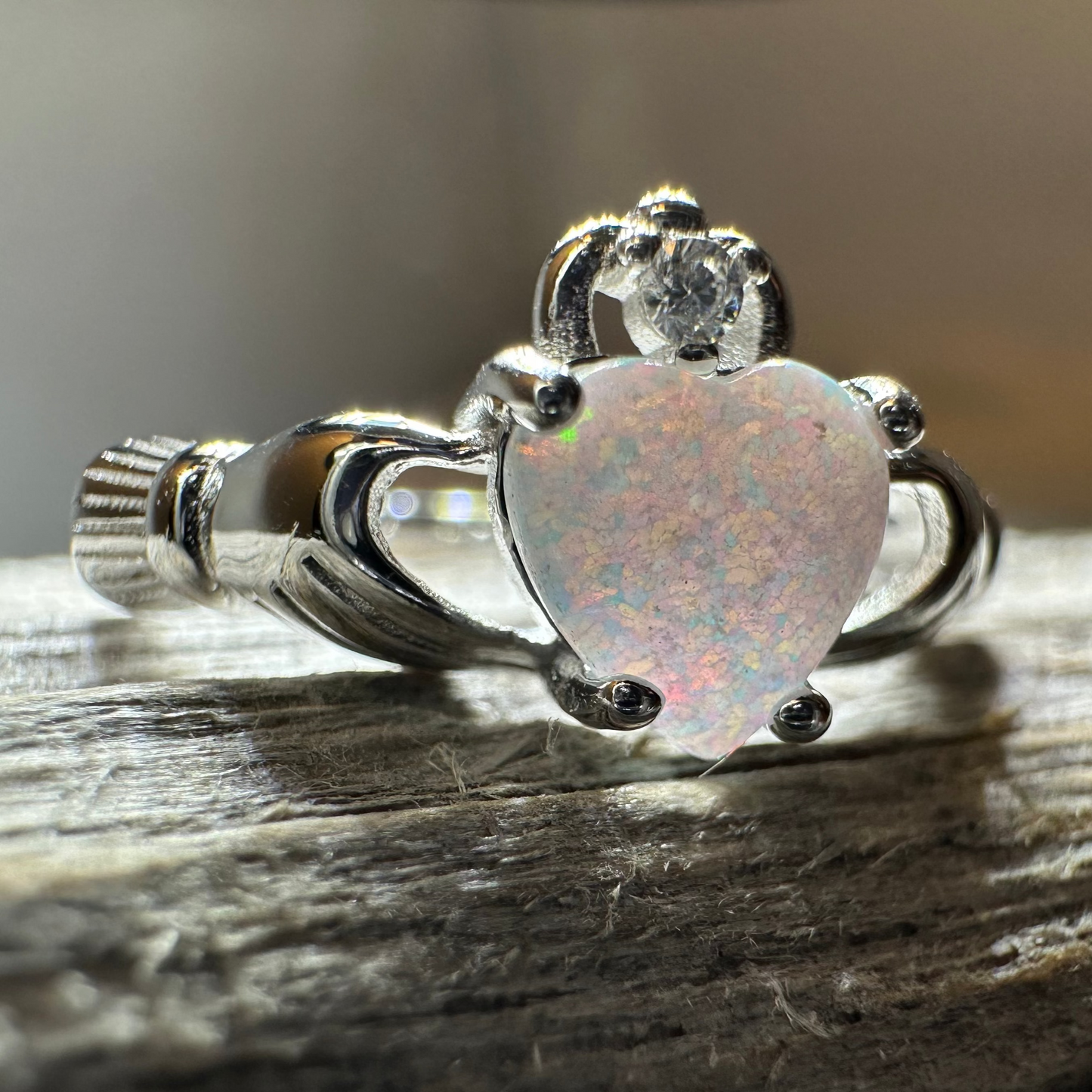 White Fire Opal Irish Claddagh Ring in Sterling Silver