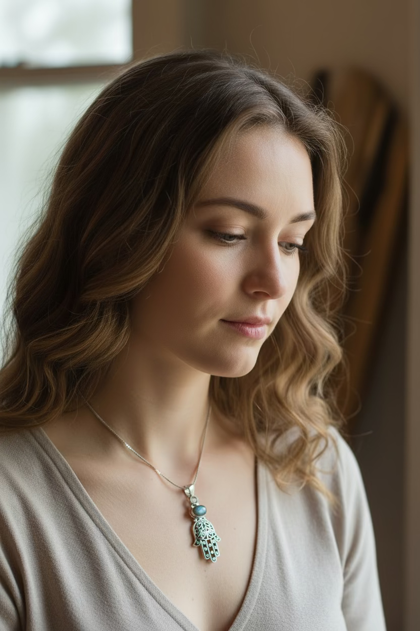 Hamsa Hand Labradorite Necklace — view 2