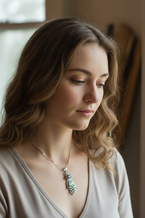 Load image into Gallery viewer, Hamsa Hand Labradorite Necklace
