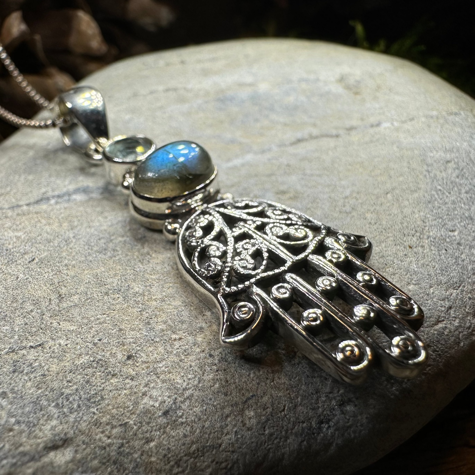 Hamsa Hand Labradorite Necklace in sterling silver