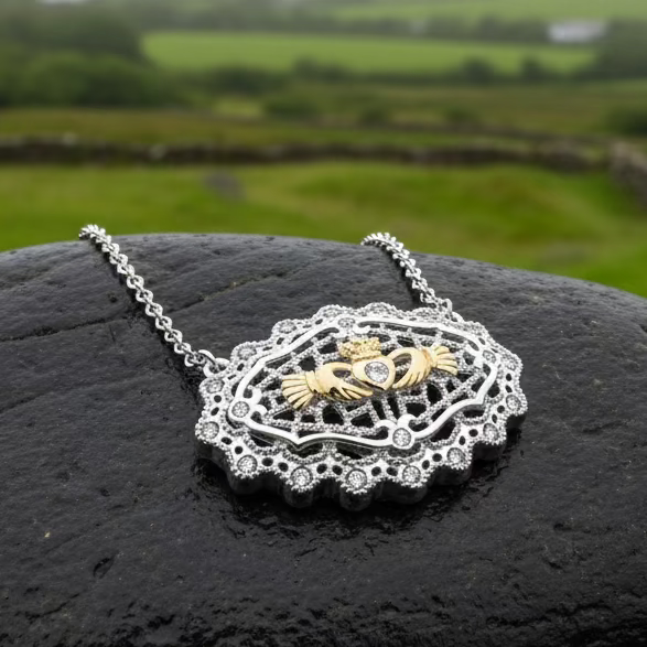 Irish Lace Claddagh Necklace - Handmade in Ireland in silver