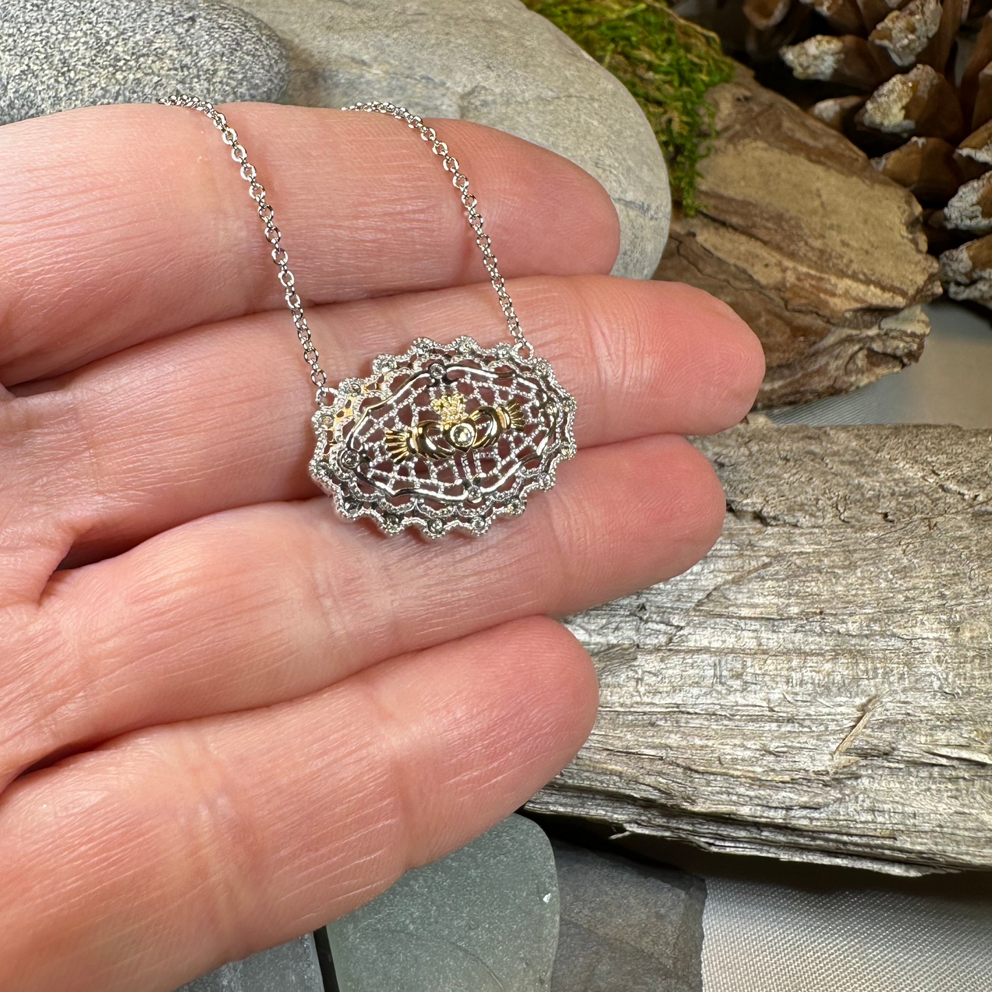 Irish Lace Claddagh Necklace - Handmade in Ireland — view 5