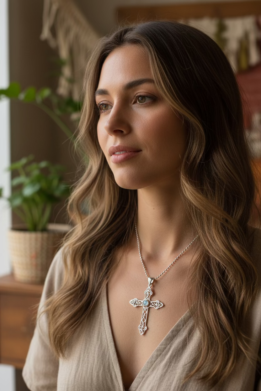 Gratitude Celtic Cross Moonstone Necklace in Sterling Silver — view 7