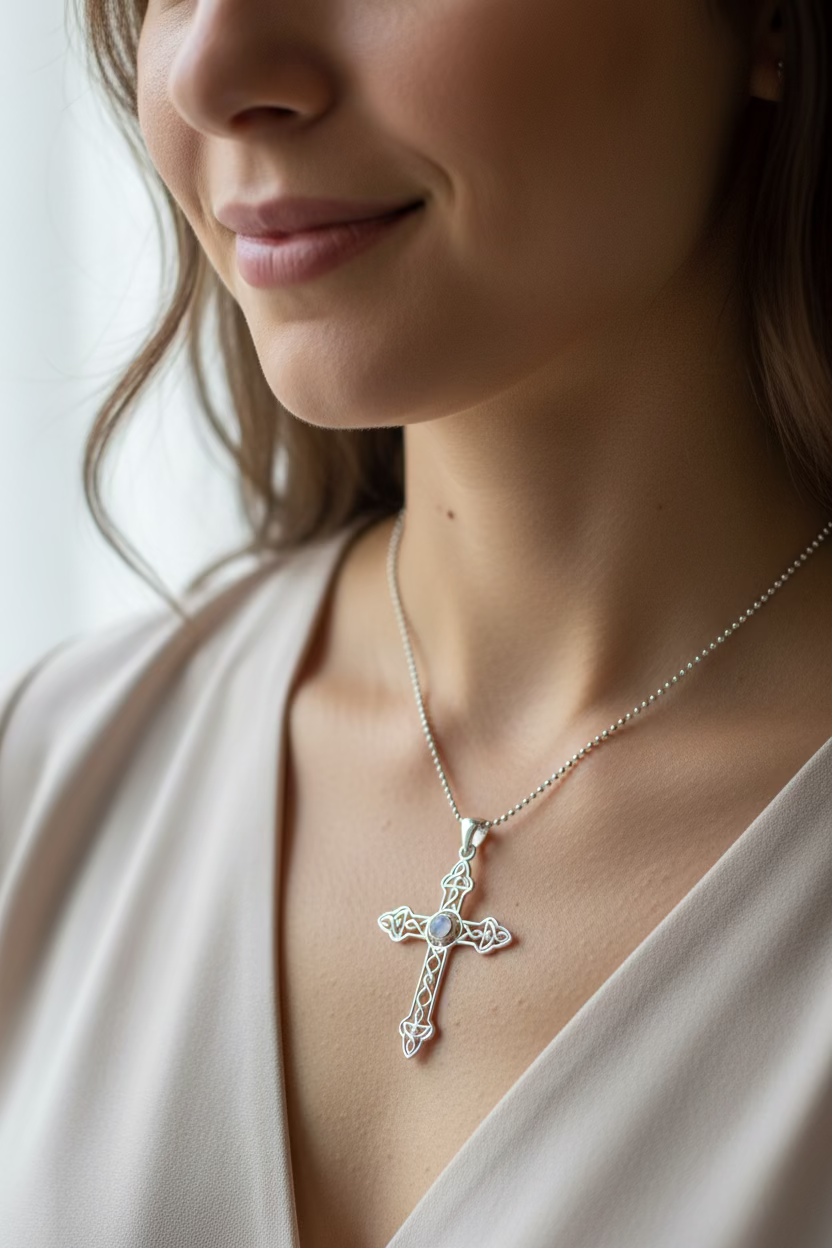 Gratitude Celtic Cross Moonstone Necklace in Sterling Silver — view 2