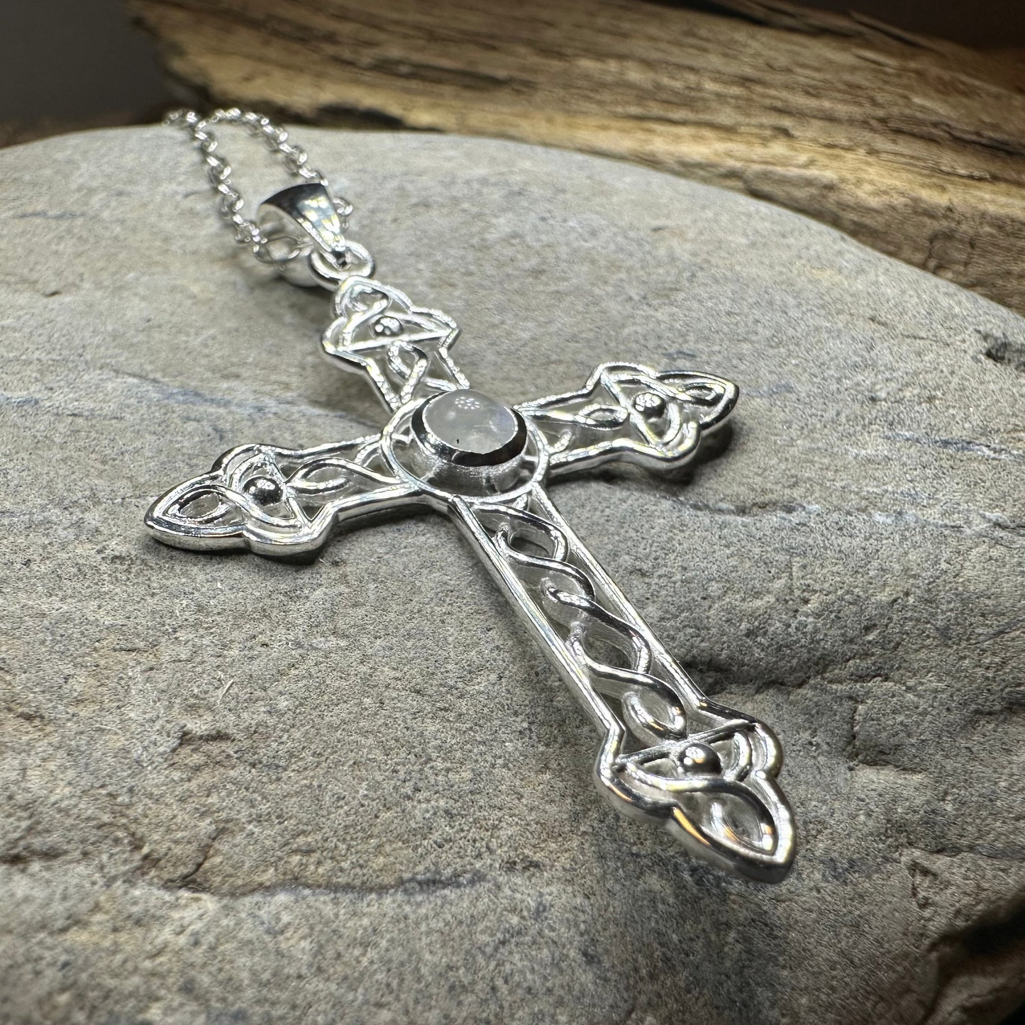 Gratitude Celtic Cross Moonstone Necklace in Sterling Silver — view 8