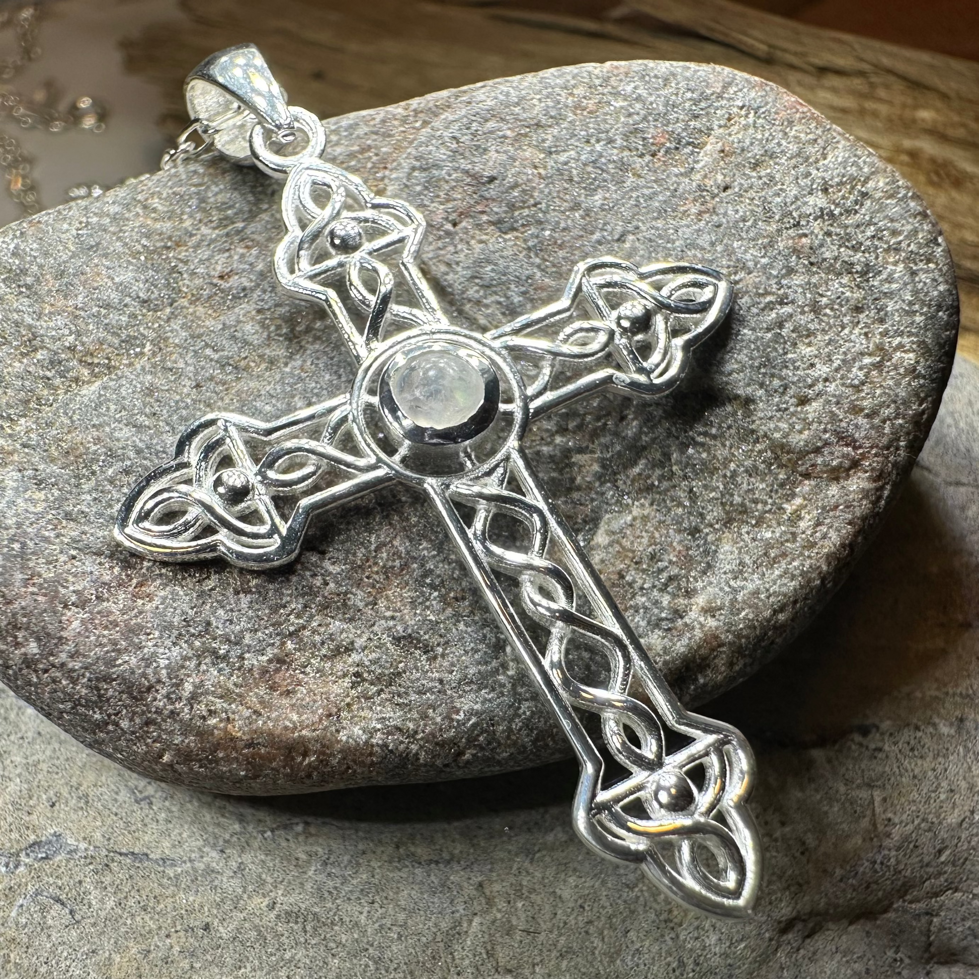 Gratitude Celtic Cross Moonstone Necklace in Sterling Silver — view 9