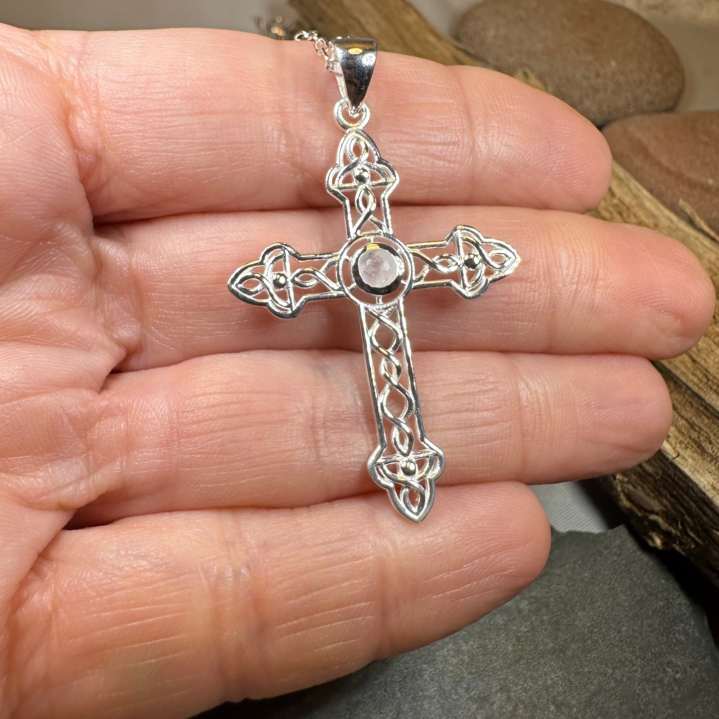Gratitude Celtic Cross Moonstone Necklace in Sterling Silver — view 5